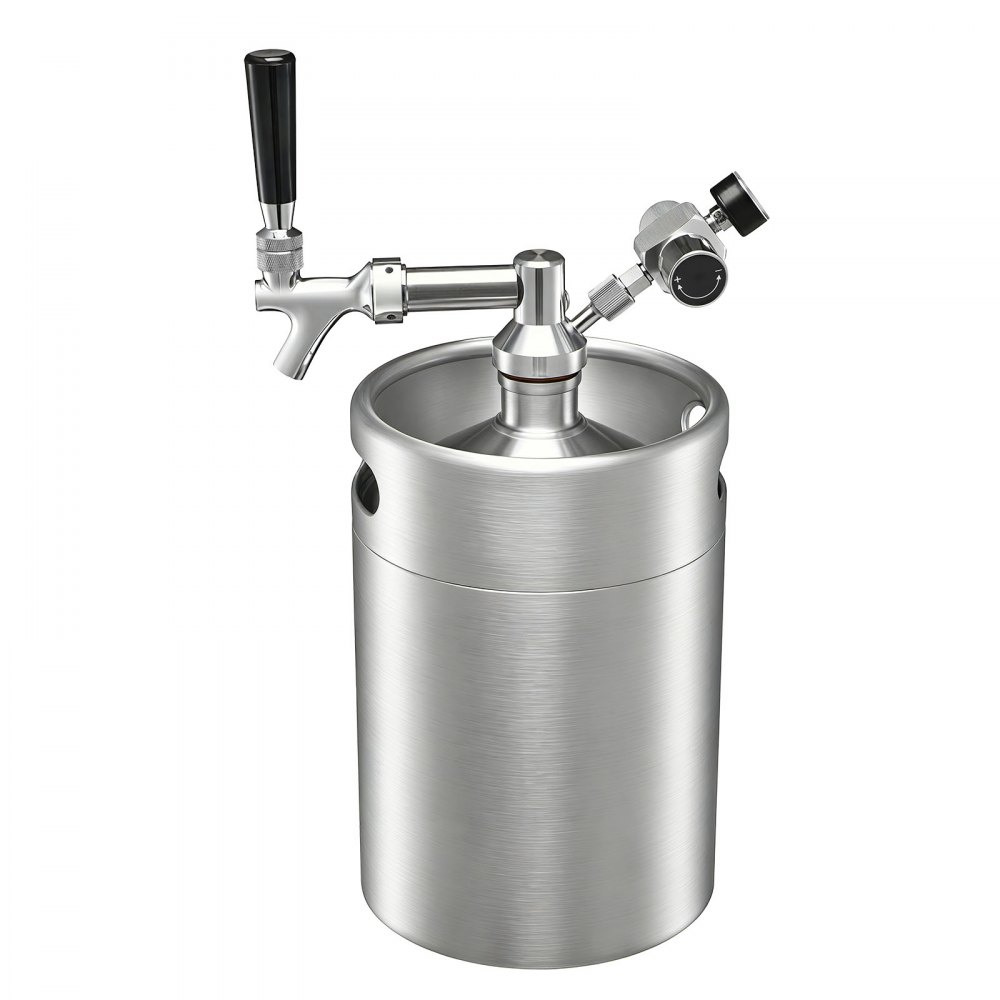 VEVOR Mini Bierdispenser met CO₂-regelaar, 5L roestvrijstalen bierfust tapsysteem, met zelfsluitende tapkraan, CO₂-druksysteem voor optimale versheid, voor zelfgebrouwen bier, speciaalbier, tapbier en feestjes