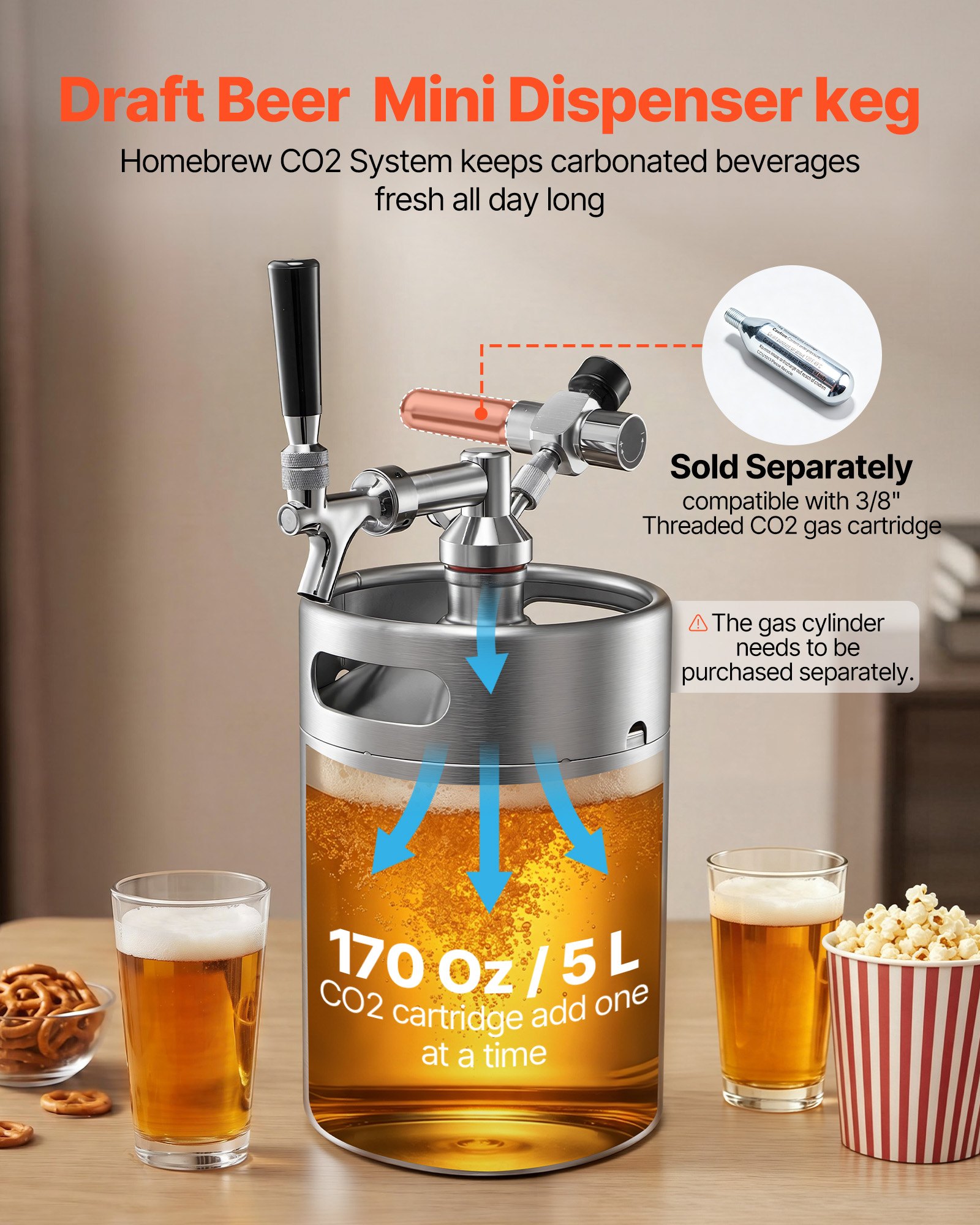 VEVOR Mini Bierdispenser met CO₂-regelaar, 5L roestvrijstalen bierfust tapsysteem, met zelfsluitende tapkraan, CO₂-druksysteem voor optimale versheid, voor zelfgebrouwen bier, speciaalbier, tapbier en feestjes