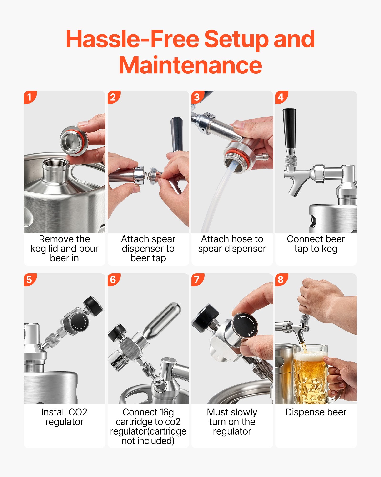 VEVOR Mini Bierdispenser met CO₂-regelaar, 1,94 liter roestvrijstalen biertapsysteem, met zelfsluitende tapkraan, CO₂-druksysteem voor optimale versheid, voor zelfgebrouwen bier, speciaalbier, tapbier en feestjes