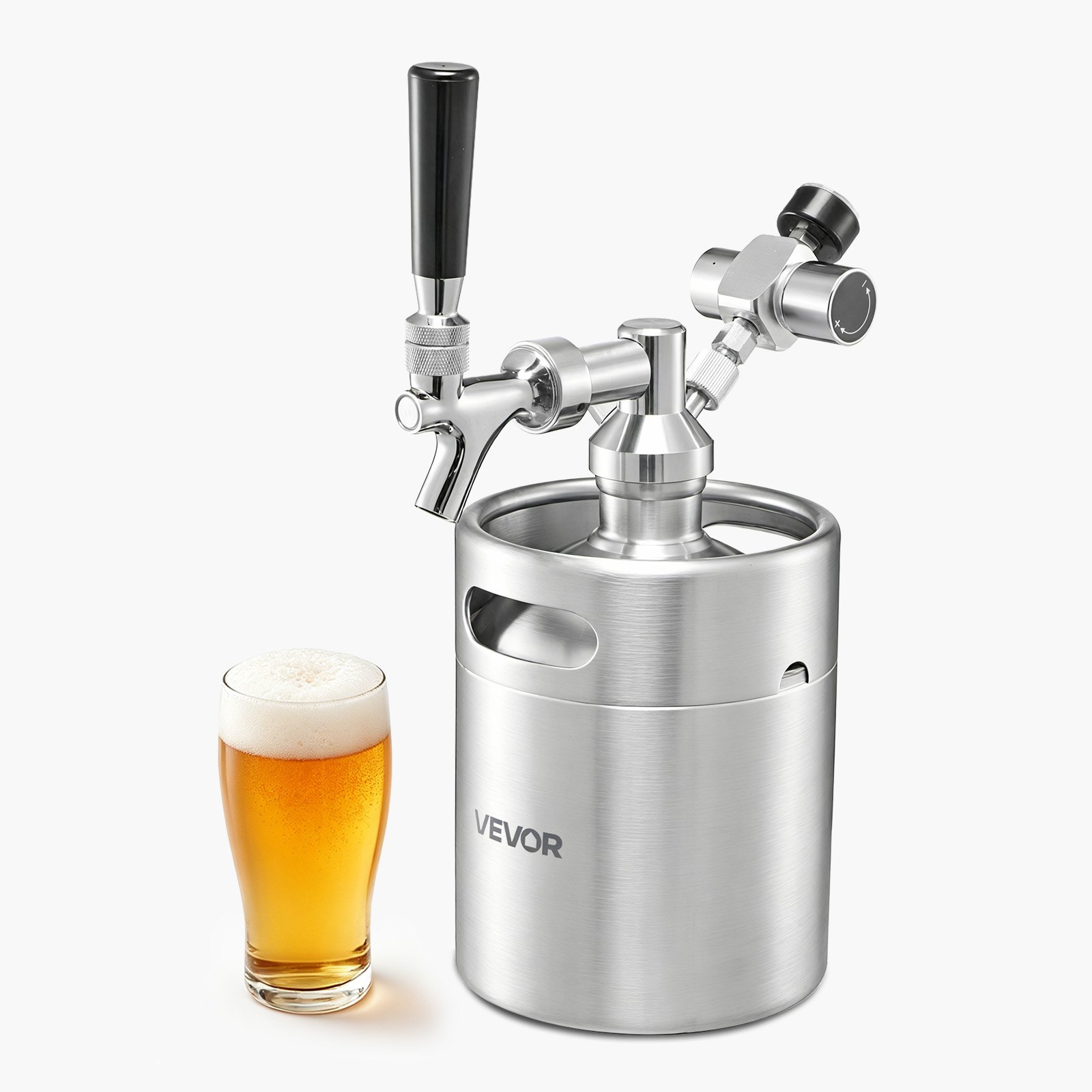 VEVOR Mini Bierdispenser met CO₂-regelaar, 1,94 liter roestvrijstalen biertapsysteem, met zelfsluitende tapkraan, CO₂-druksysteem voor optimale versheid, voor zelfgebrouwen bier, speciaalbier, tapbier en feestjes