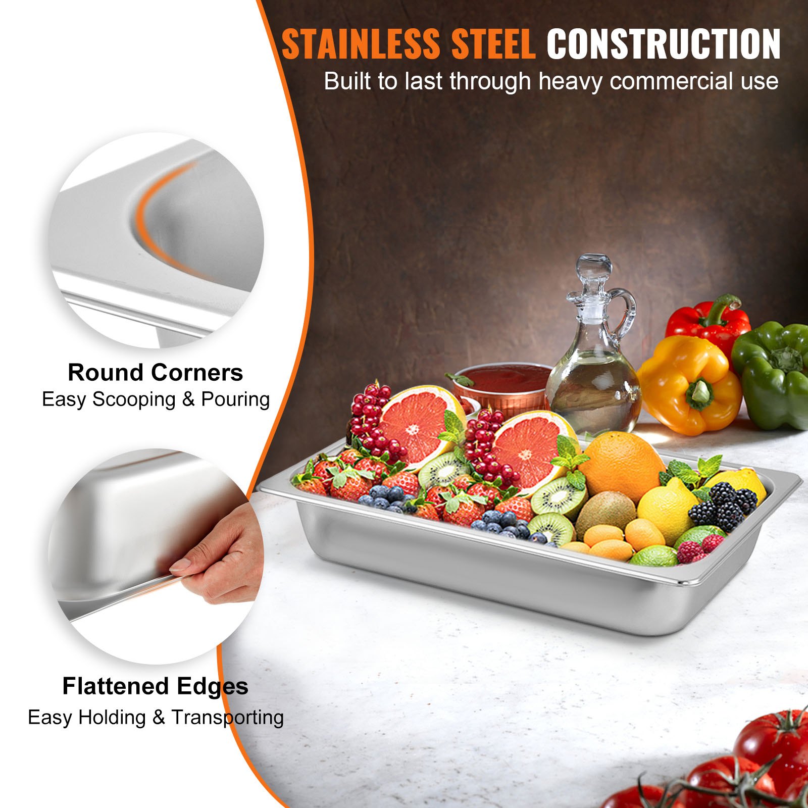 VEVOR Roestvrijstalen containers, 6 stuks, voedselcontainers, anti-aanbakplaat, 53 x 32,5 x 10 cm, commerciële warmhoudcontainer voor gerechten, taarten, ovenschotels, hotelpan, tafel, food