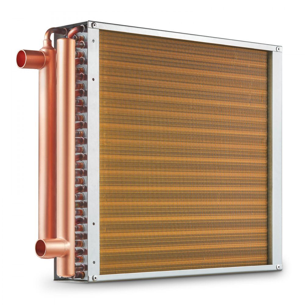 VEVOR heat exchanger with copper pipes and aluminum fins, showcasing high thermal efficiency design.