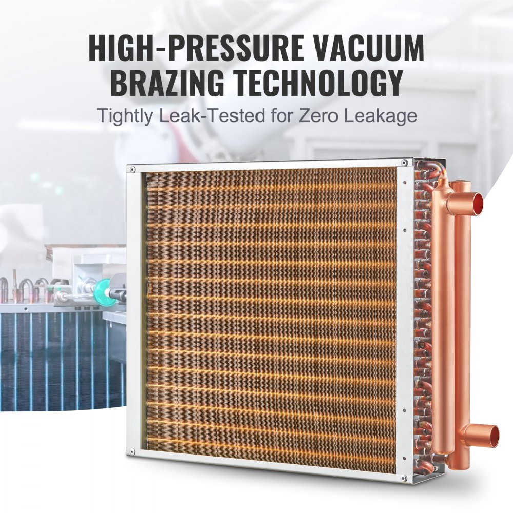 VEVOR Water-lucht warmtewisselaar, 40,64 x 40,64 cm met 3-rijige 9,53 mm koperen aansluitingen, 193 aluminium lamellen Warmtewisselaar voor houtkachels, verwarming en koeling in woonwijken en geforceerde luchtverwarming