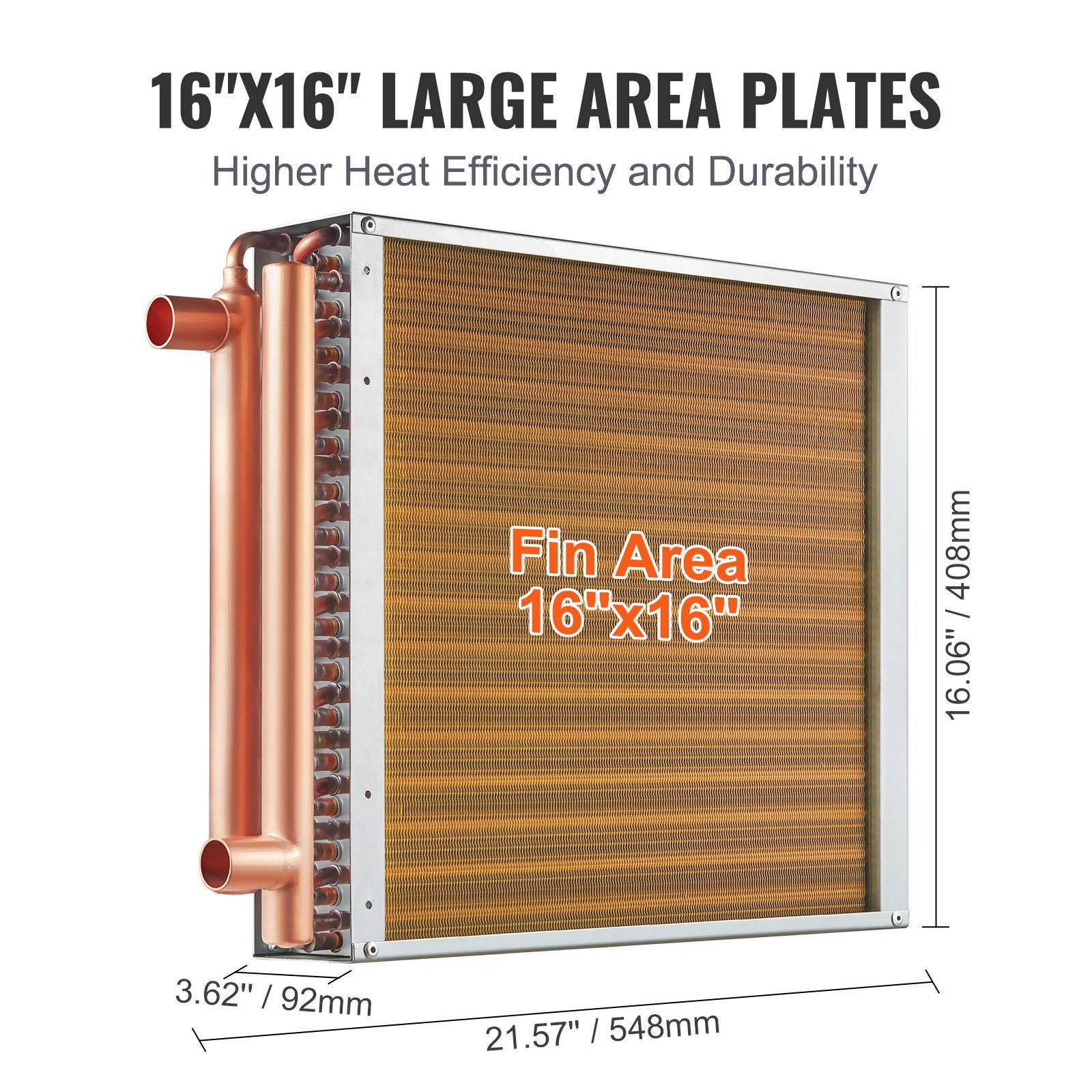 VEVOR Water-lucht warmtewisselaar, 40,64 x 40,64 cm met 3-rijige 9,53 mm koperen aansluitingen, 193 aluminium lamellen Warmtewisselaar voor houtkachels, verwarming en koeling in woonwijken en geforceerde luchtverwarming