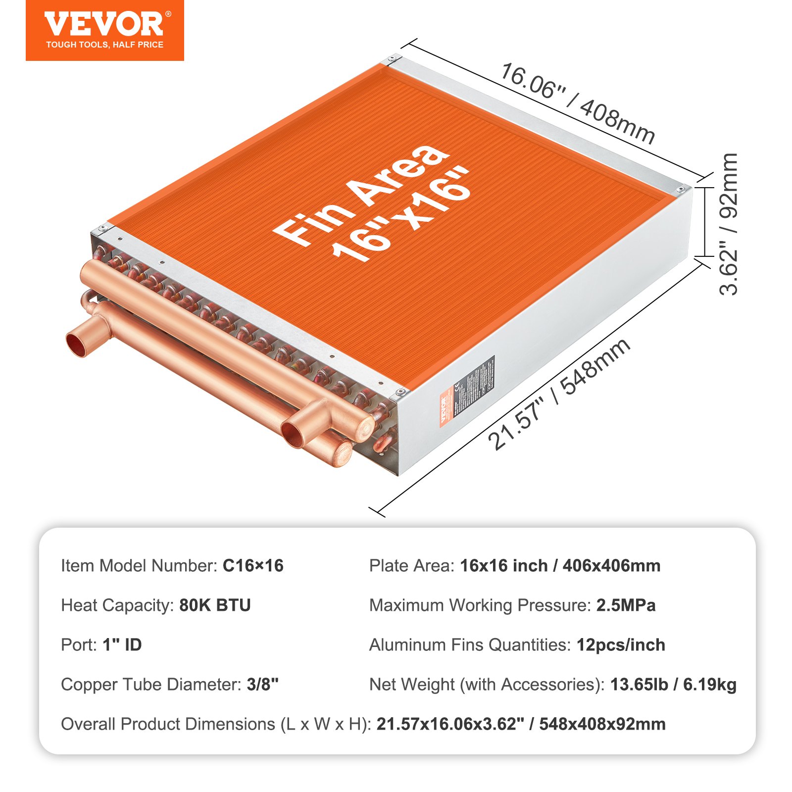 VEVOR Water-lucht warmtewisselaar, 40,64 x 40,64 cm met 3-rijige 9,53 mm koperen aansluitingen, 193 aluminium lamellen Warmtewisselaar voor houtkachels, verwarming en koeling in woonwijken en geforceerde luchtverwarming