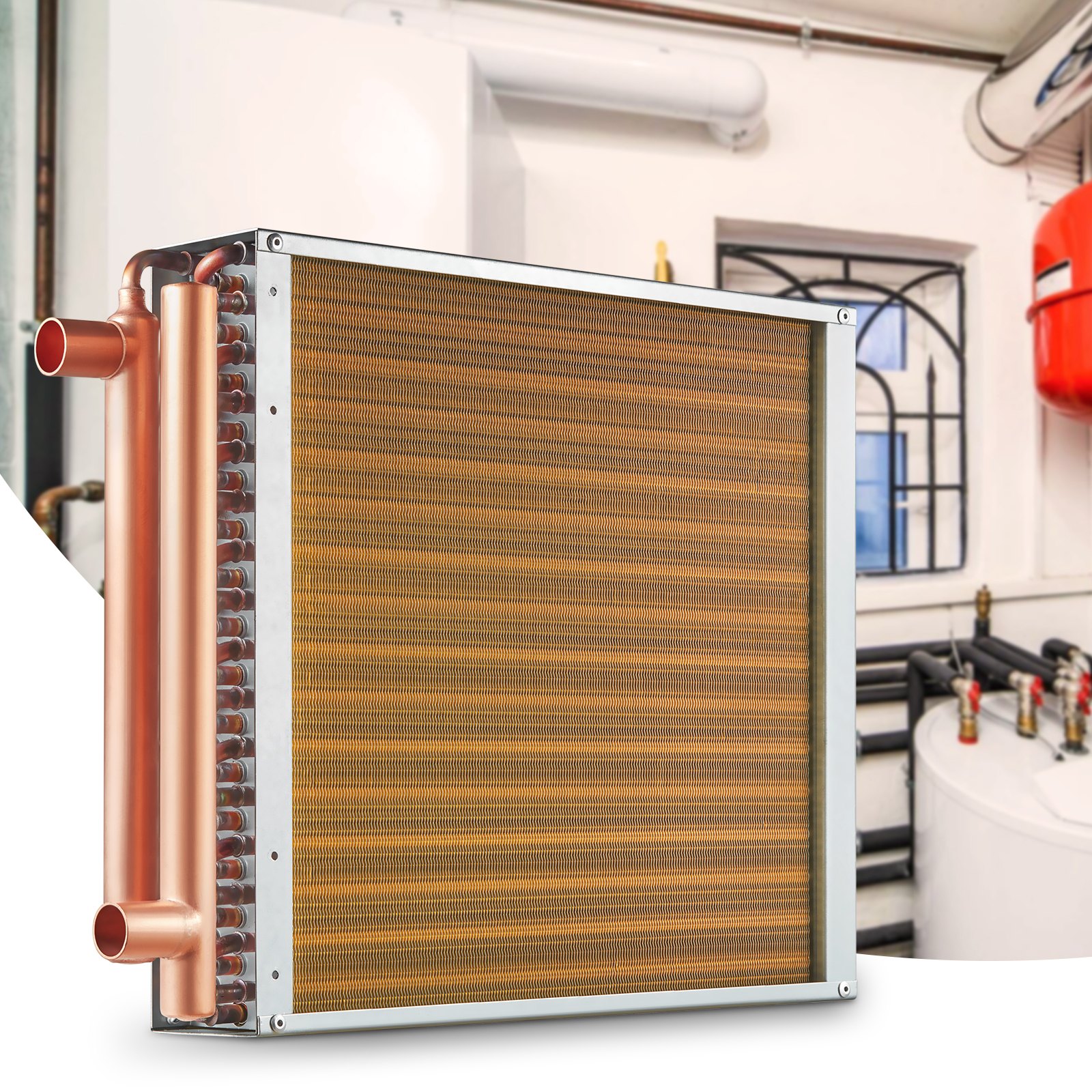 VEVOR Water-lucht warmtewisselaar, 40,64 x 40,64 cm met 3-rijige 9,53 mm koperen aansluitingen, 193 aluminium lamellen Warmtewisselaar voor houtkachels, verwarming en koeling in woonwijken en geforceerde luchtverwarming