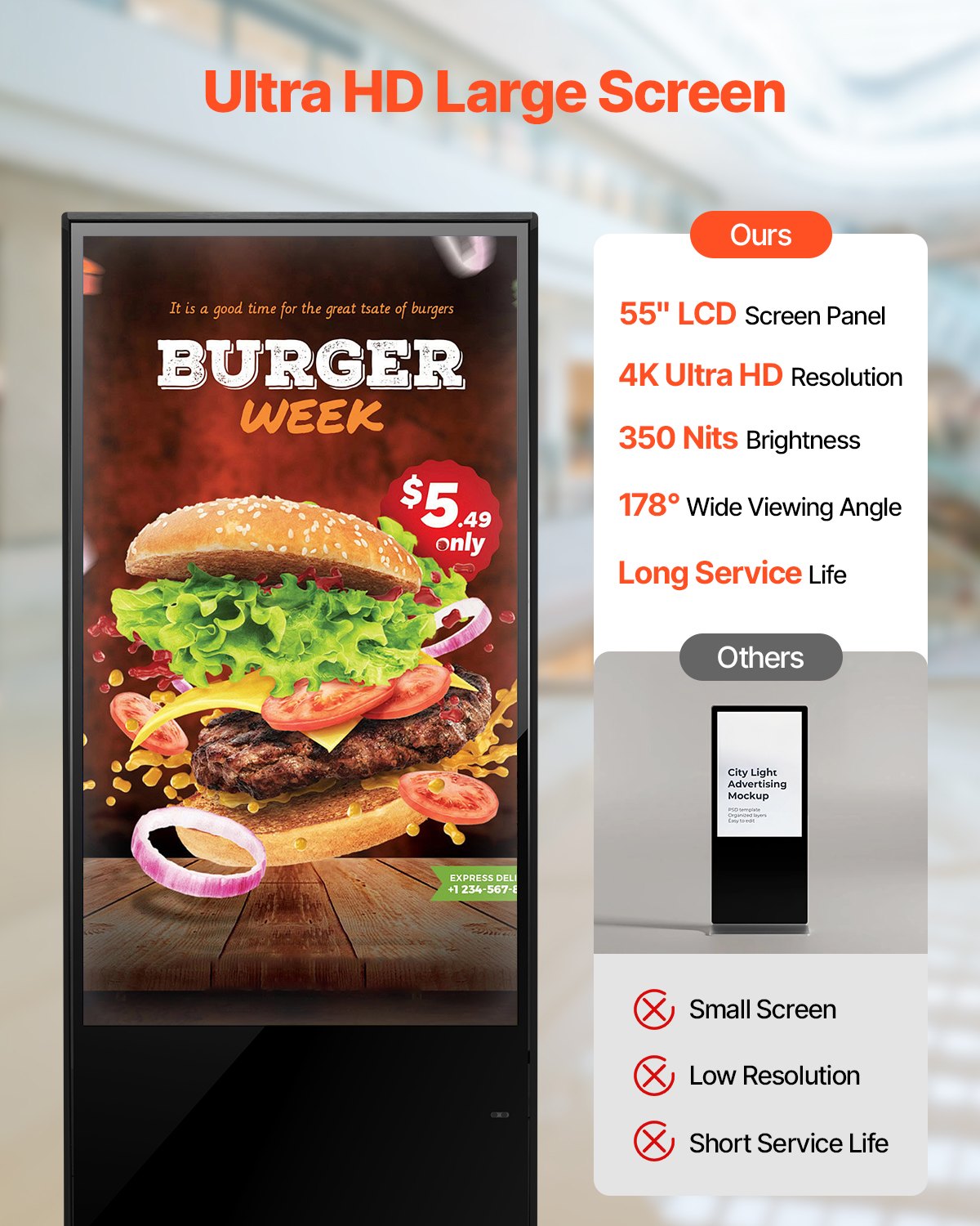 VEVOR Digitaal Customer Stopper Reclamedisplay (schermformaat 140 cm), 2K UHD LCD-scherm, 2 GB RAM en 32 GB ROM, staand display met WiFi USB-ingang Touchscreen Display Zwart