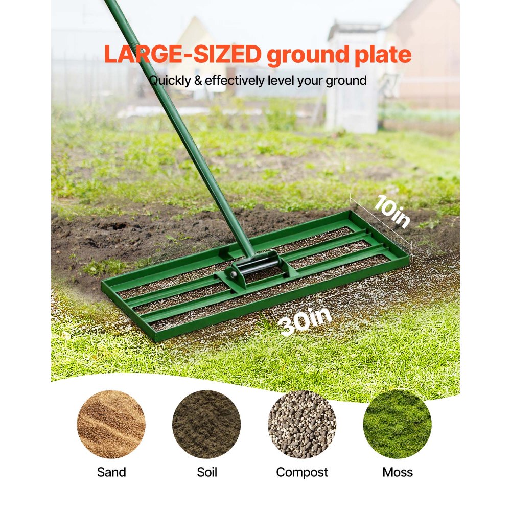 VEVOR gazonnivelleerhark 758x254 mm, gazontrekker met 198 cm lange stalen steel, gazonegalisator inclusief tuinhandschoenen, gazonnivelleringsgereedschap, geschikt voor tuin, golfbaan en landbouw