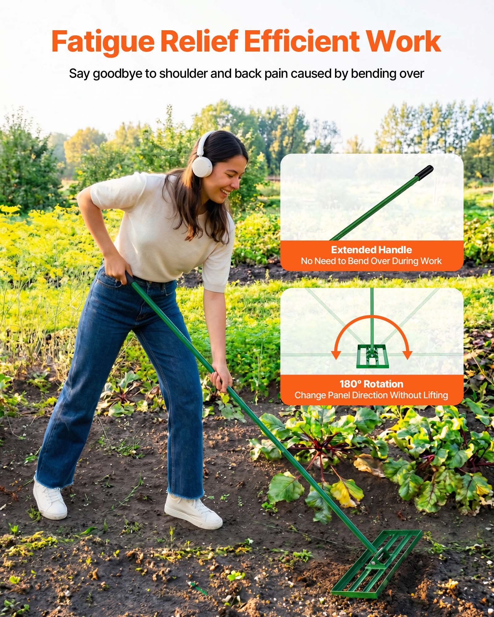 VEVOR gazonnivelleerhark 758x254 mm, gazontrekker met 198 cm lange stalen steel, gazonegalisator inclusief tuinhandschoenen, gazonnivelleringsgereedschap, geschikt voor tuin, golfbaan en landbouw