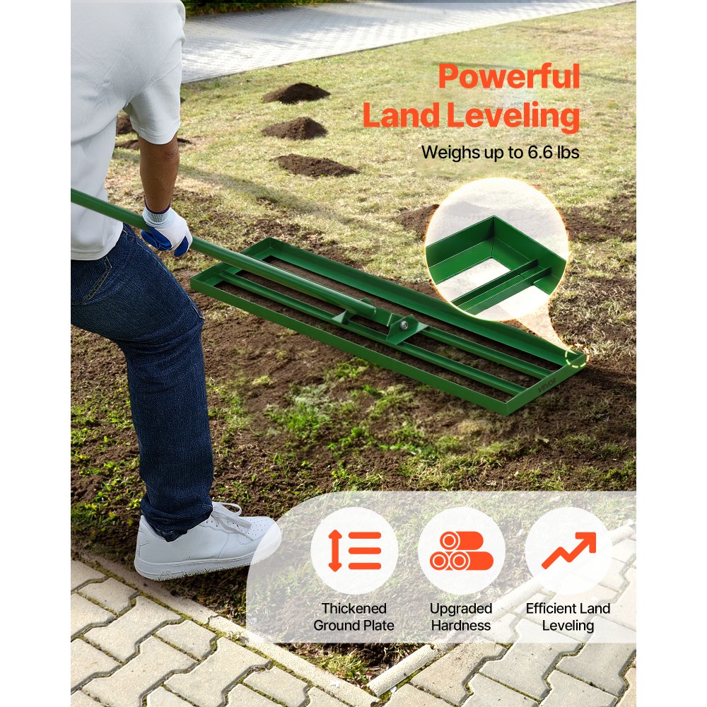 VEVOR gazonnivelleerhark 910x250 mm, gazontrekker met 198 cm lange stalen steel, gazonegalisator inclusief tuinhandschoenen, gazonnivelleringsgereedschap, geschikt voor tuin, golfbaan en landbouw