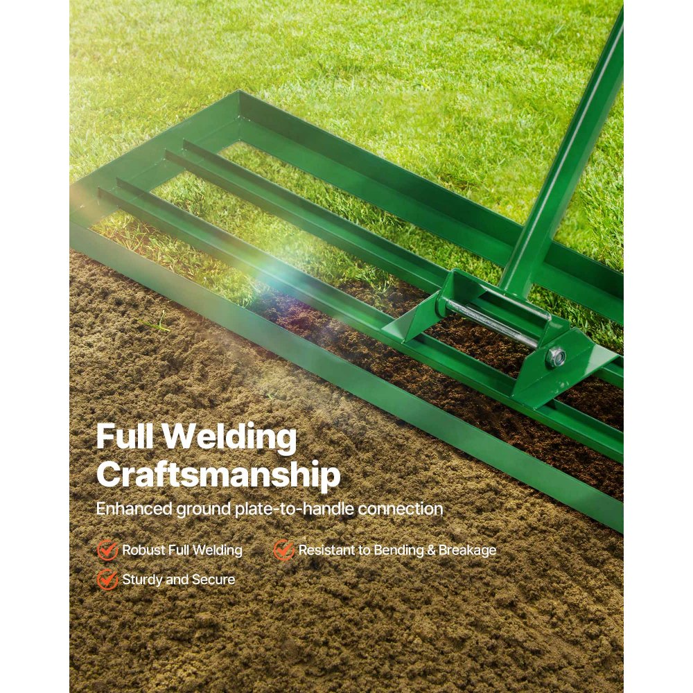 VEVOR gazonnivelleerhark 910x250 mm, gazontrekker met 198 cm lange stalen steel, gazonegalisator inclusief tuinhandschoenen, gazonnivelleringsgereedschap, geschikt voor tuin, golfbaan en landbouw