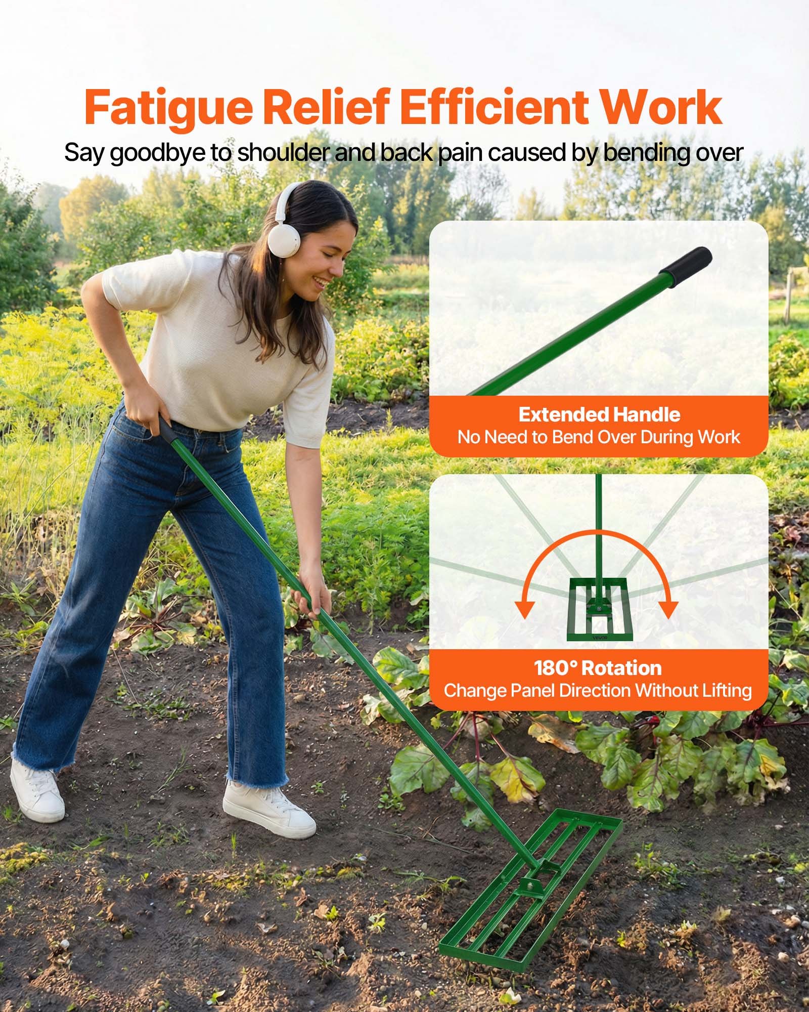 VEVOR gazonnivelleerhark 910x250 mm, gazontrekker met 198 cm lange stalen steel, gazonegalisator inclusief tuinhandschoenen, gazonnivelleringsgereedschap, geschikt voor tuin, golfbaan en landbouw