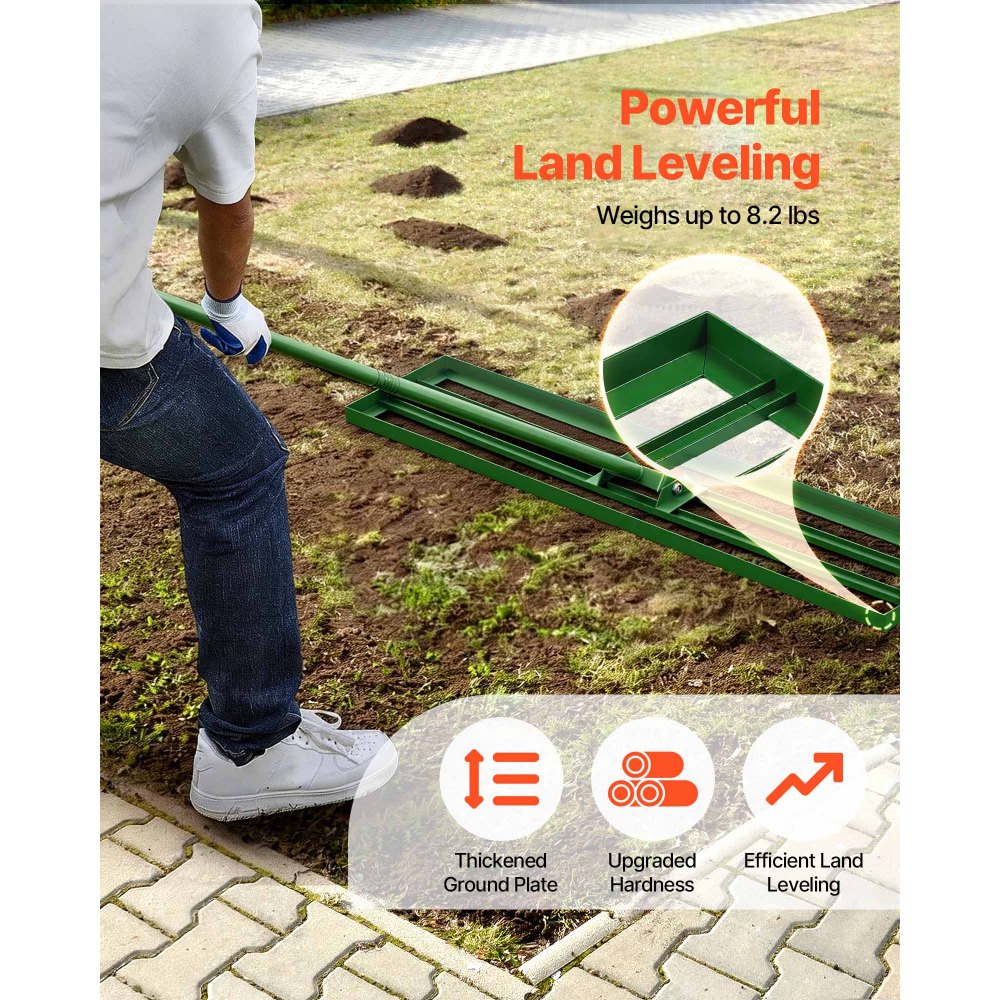 VEVOR gazonnivelleerhark 1215x252 mm, gazontrekker met 198 cm lange stalen steel, gazonegalisator inclusief tuinhandschoenen, gazonnivelleringsgereedschap, geschikt voor tuin, golfbaan en landbouw
