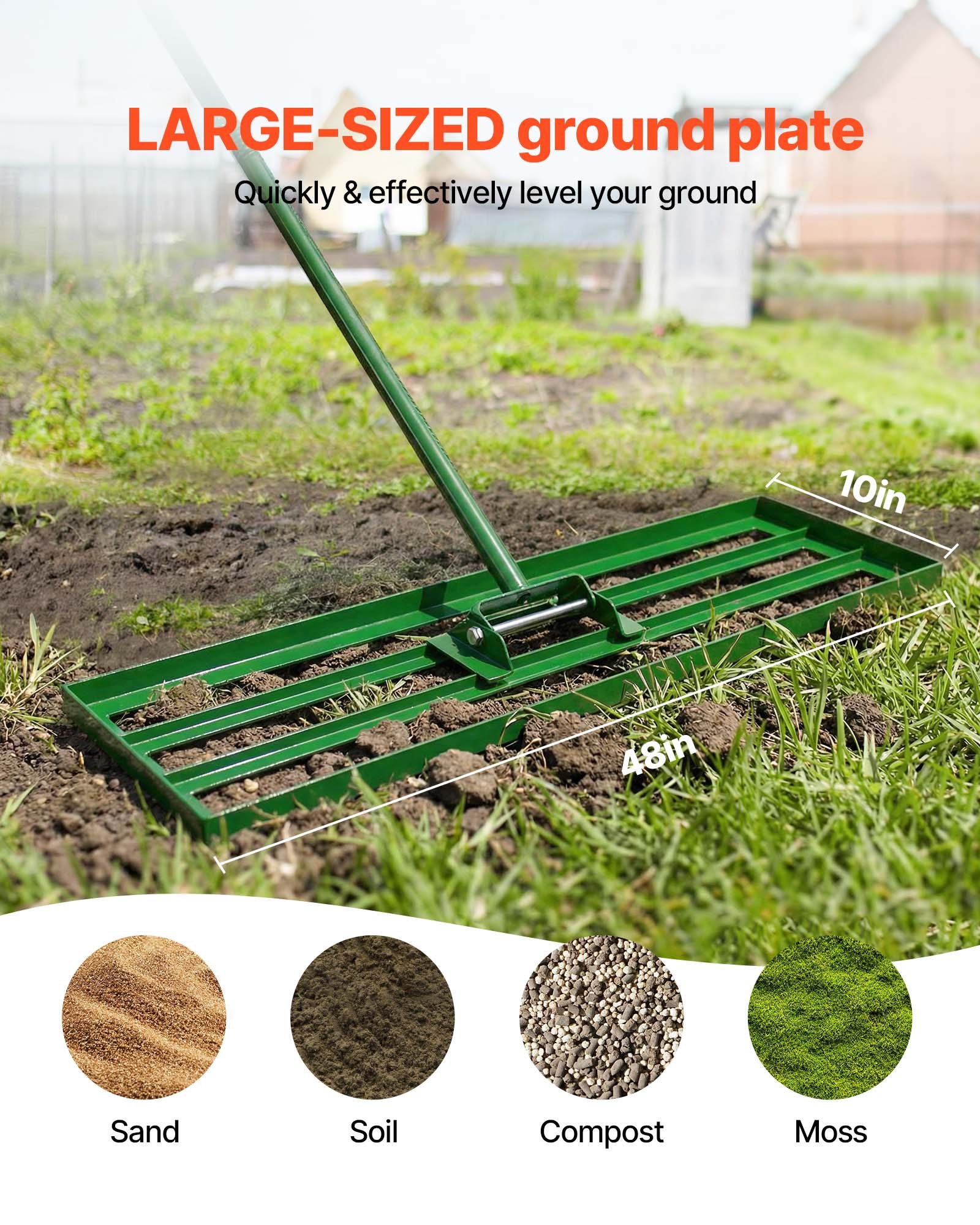 VEVOR gazonnivelleerhark 1215x252 mm, gazontrekker met 198 cm lange stalen steel, gazonegalisator inclusief tuinhandschoenen, gazonnivelleringsgereedschap, geschikt voor tuin, golfbaan en landbouw
