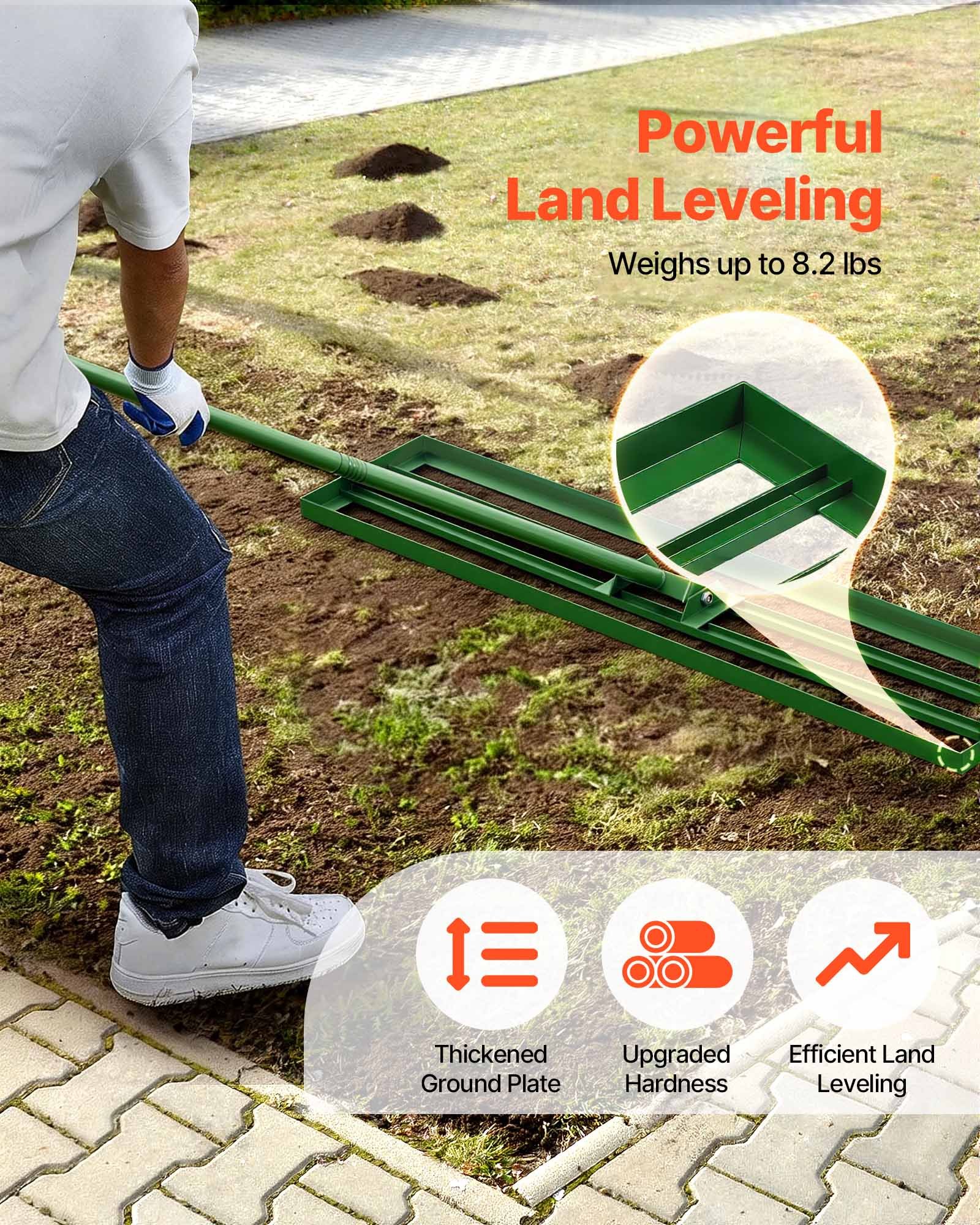 VEVOR gazonnivelleerhark 1215x252 mm, gazontrekker met 198 cm lange stalen steel, gazonegalisator inclusief tuinhandschoenen, gazonnivelleringsgereedschap, geschikt voor tuin, golfbaan en landbouw