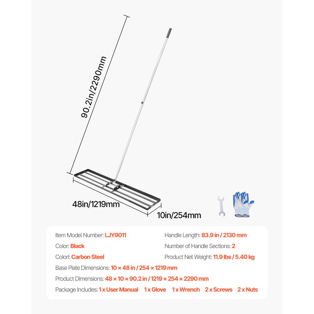 VEVOR Gazonnivelleringshark, egalisatiehark met 213 cm steel, 1219 x 254 mm voetplaat, koolstofstalen egalisatiehark, 2 hoogtes verstelbaar, gazonnivelleringsgereedschap voor tuin en golfbanen