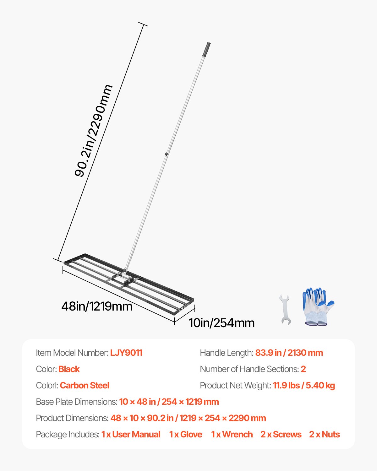 VEVOR Gazonnivelleringshark, egalisatiehark met 213 cm steel, 1219 x 254 mm voetplaat, koolstofstalen egalisatiehark, 2 hoogtes verstelbaar, gazonnivelleringsgereedschap voor tuin en golfbanen