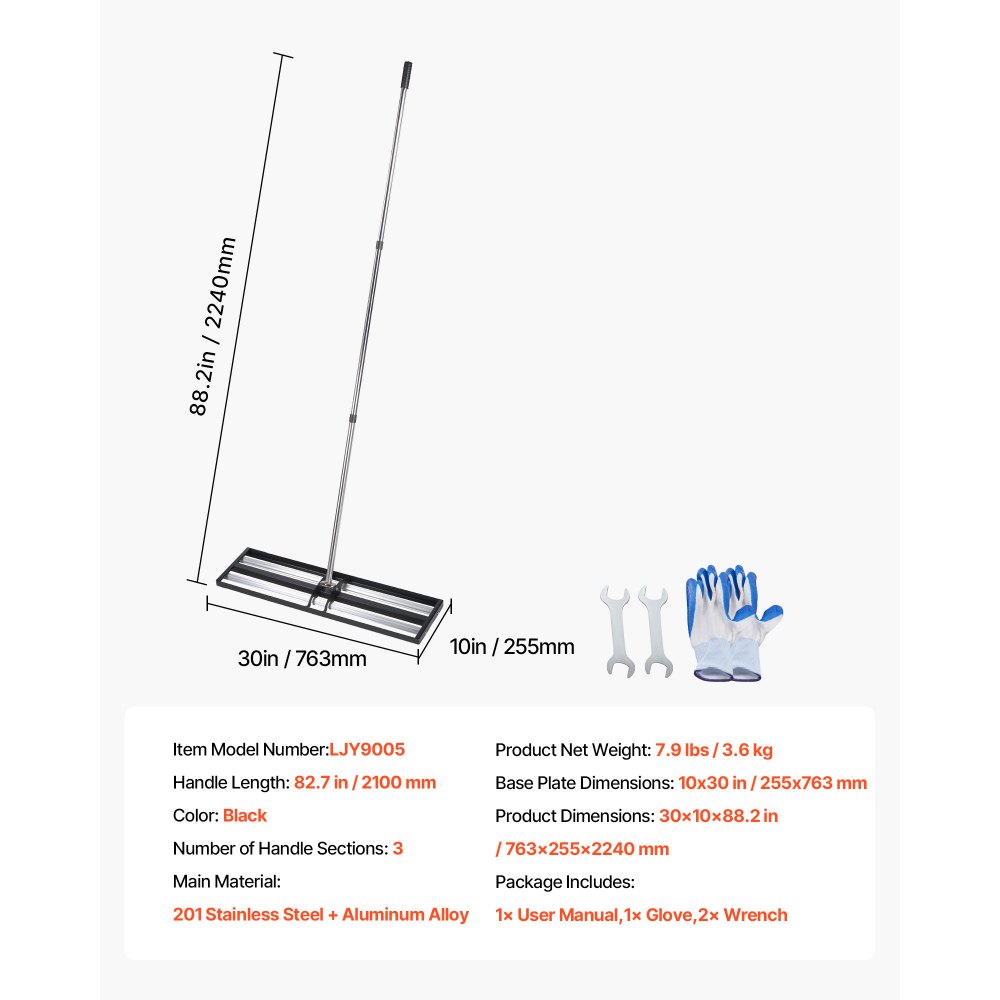 VEVOR gazonhark 255x763 mm, gazonnivelleerhark met extra lange steel van 210 cm, oppervlakte-nivelleerder incl. handschoenen, nivelleerhark, gazonhark voor het egaliseren van tuinen en golfbanen