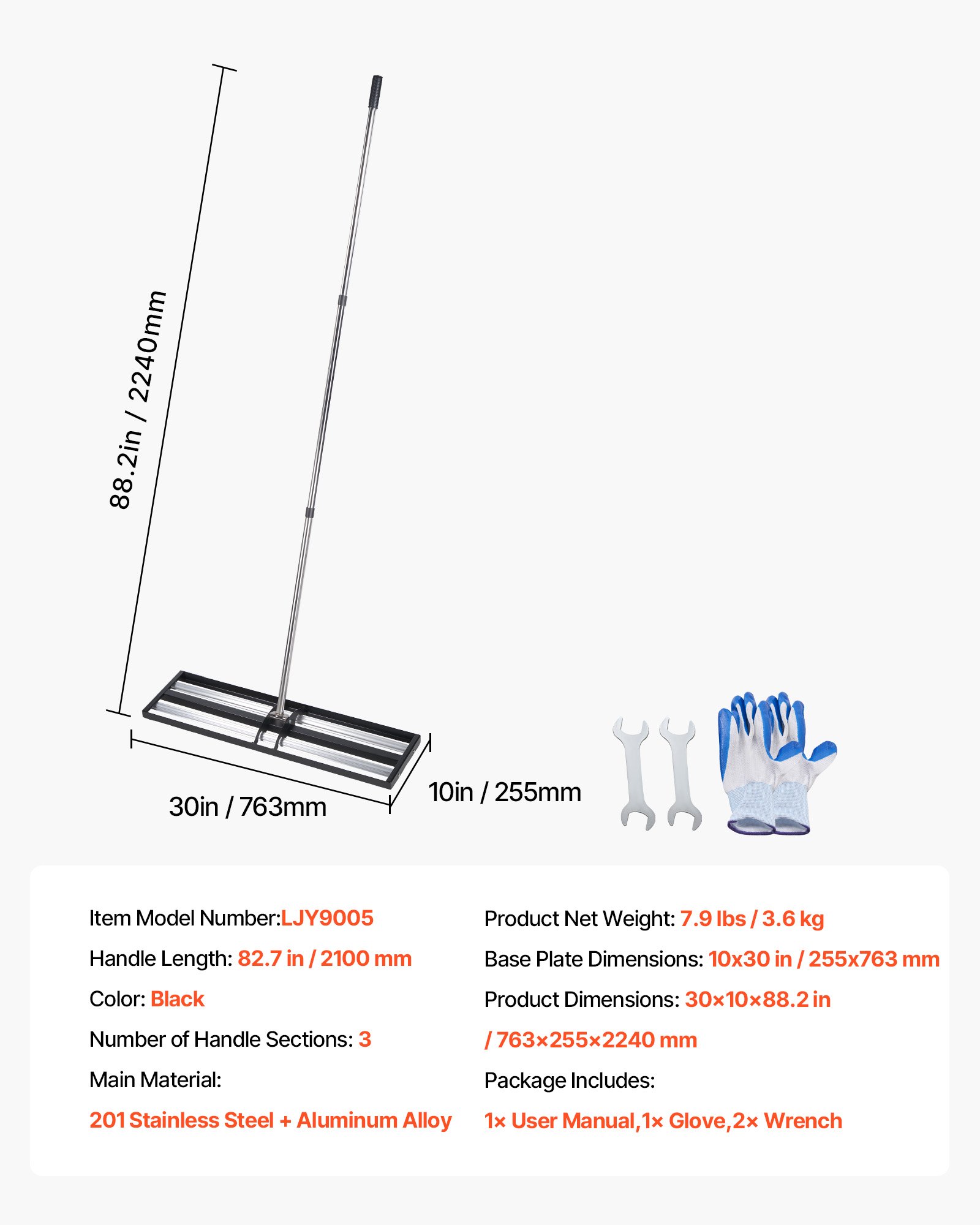 VEVOR gazonhark 255x763 mm, gazonnivelleerhark met extra lange steel van 210 cm, oppervlakte-nivelleerder incl. handschoenen, nivelleerhark, gazonhark voor het egaliseren van tuinen en golfbanen