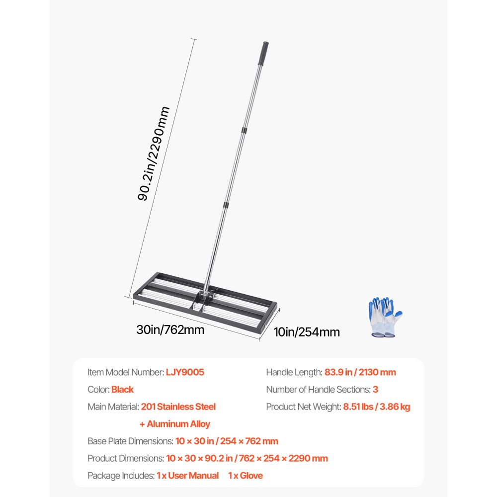 VEVOR Gazonhark, 254 x 762 mm RVS Gazonnivelleringsapparaat met 213 cm verstelbare steel, egalisatiehark, tuinnivelleringshark, moeiteloos gazonnivelleringsgereedschap voor tuin en golfbanen