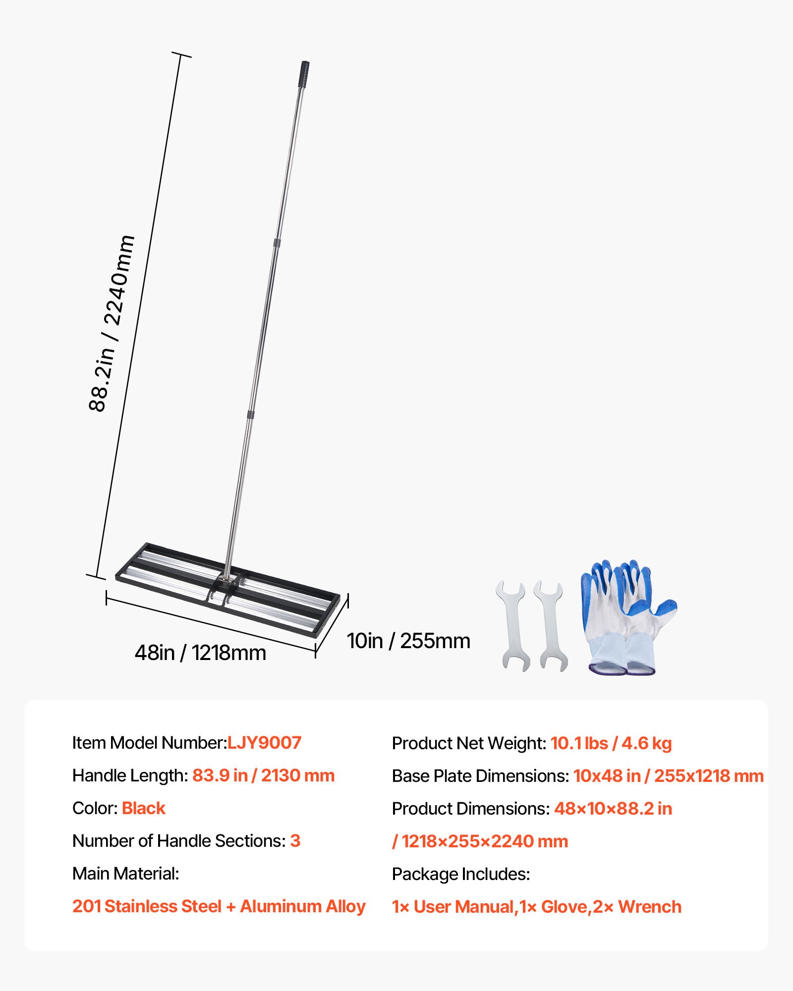 VEVOR gazonhark 1218x255 mm, egaliseerhark met 213 cm verstelbare steel, gazonnivelleerder incl. handschoenen, egaliseerhark, oppervlakte-egaliseermachine, gazongereedschap voor het egaliseren van tuinen en golfbanen