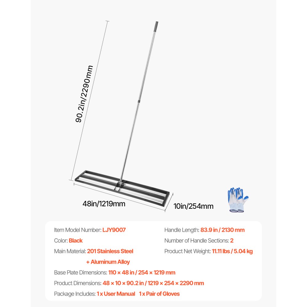 VEVOR Lawn Leveling Rake, Lawn Leveler with 83.9 in Adjustable Handle, 48x10 in Ground Plate, Heavy Duty & Rust-Resistant Metal Soil Leveler, Effort Saving Lawn Leveling Tool for Yard Golf Court