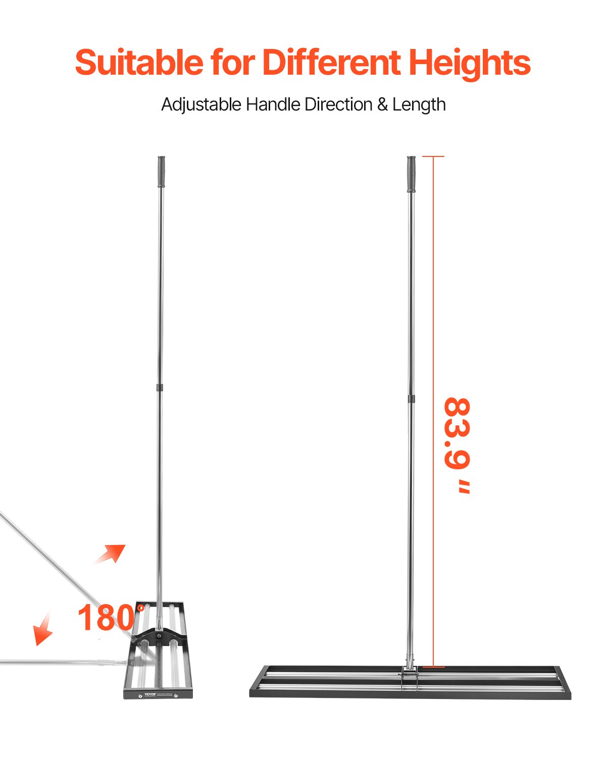 VEVOR Lawn Leveling Rake, Lawn Leveler with 83.9 in Adjustable Handle, 48x10 in Ground Plate, Heavy Duty & Rust-Resistant Metal Soil Leveler, Effort Saving Lawn Leveling Tool for Yard Golf Court