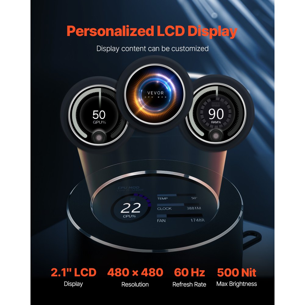 VEVOR CPU Liquid Cooler, AIO CPU Water Cooler - 3 x 120mm PWN Fans & Pump, Customizable Black PC Liquid Cooler with 2.1'' LCD Display & ARGB light, for Intel 115X/1366/2011/1700/1200, AMD AM4/AM5