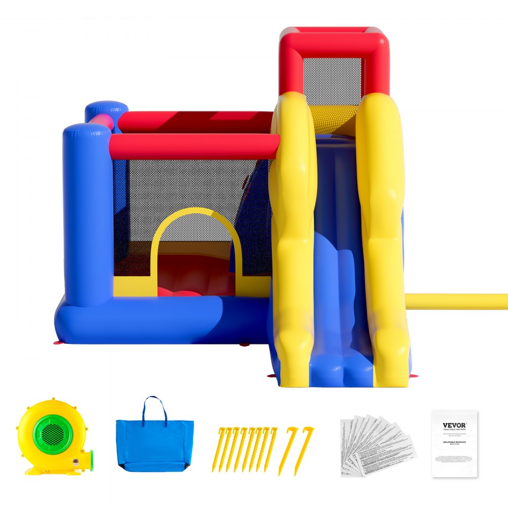 VEVOR Opblaasbaar springkasteel, hoogwaardig buitenspeelhuis/trampoline, springkasteel met blower, glijbaan en opbergtas, 340 x 260 x 230 cm springkasteel voor de familietuin