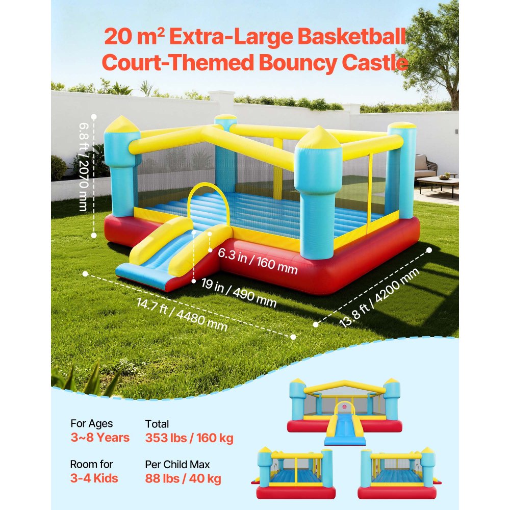 VEVOR Opblaasbaar springkasteel (448 x 420 x 207 cm) voor kinderen met glijbaan, basketbalring, doelspel en springgedeelte, geschikt voor 3-4 kinderen (3-8 jaar) voor binnen- en buitenfeestjes