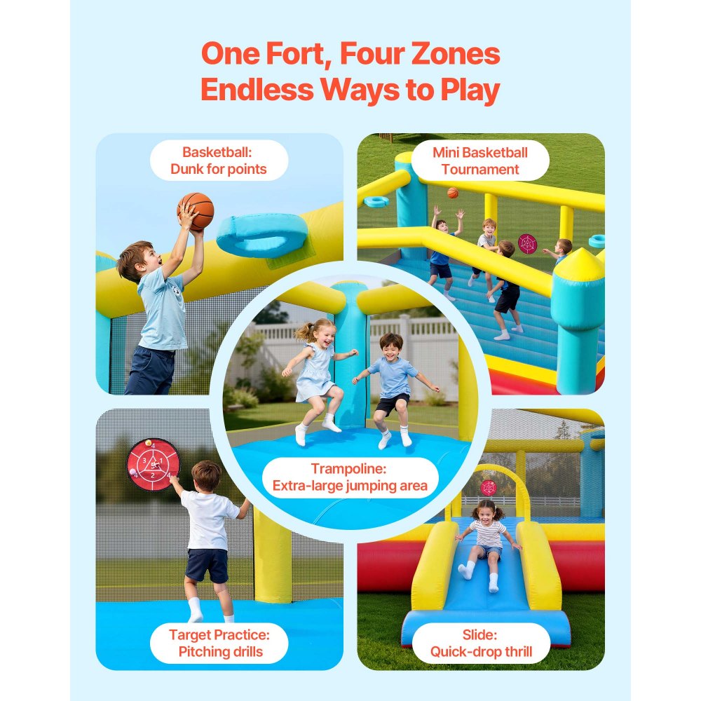 VEVOR Opblaasbaar springkasteel (448 x 420 x 207 cm) voor kinderen met glijbaan, basketbalring, doelspel en springgedeelte, geschikt voor 3-4 kinderen (3-8 jaar) voor binnen- en buitenfeestjes