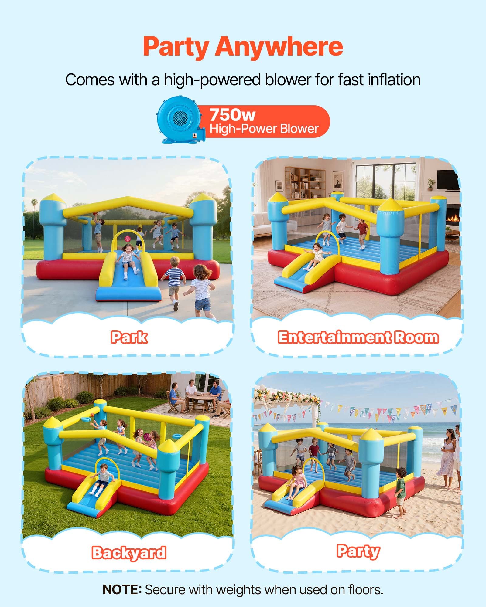 VEVOR Opblaasbaar springkasteel (448 x 420 x 207 cm) voor kinderen met glijbaan, basketbalring, doelspel en springgedeelte, geschikt voor 3-4 kinderen (3-8 jaar) voor binnen- en buitenfeestjes