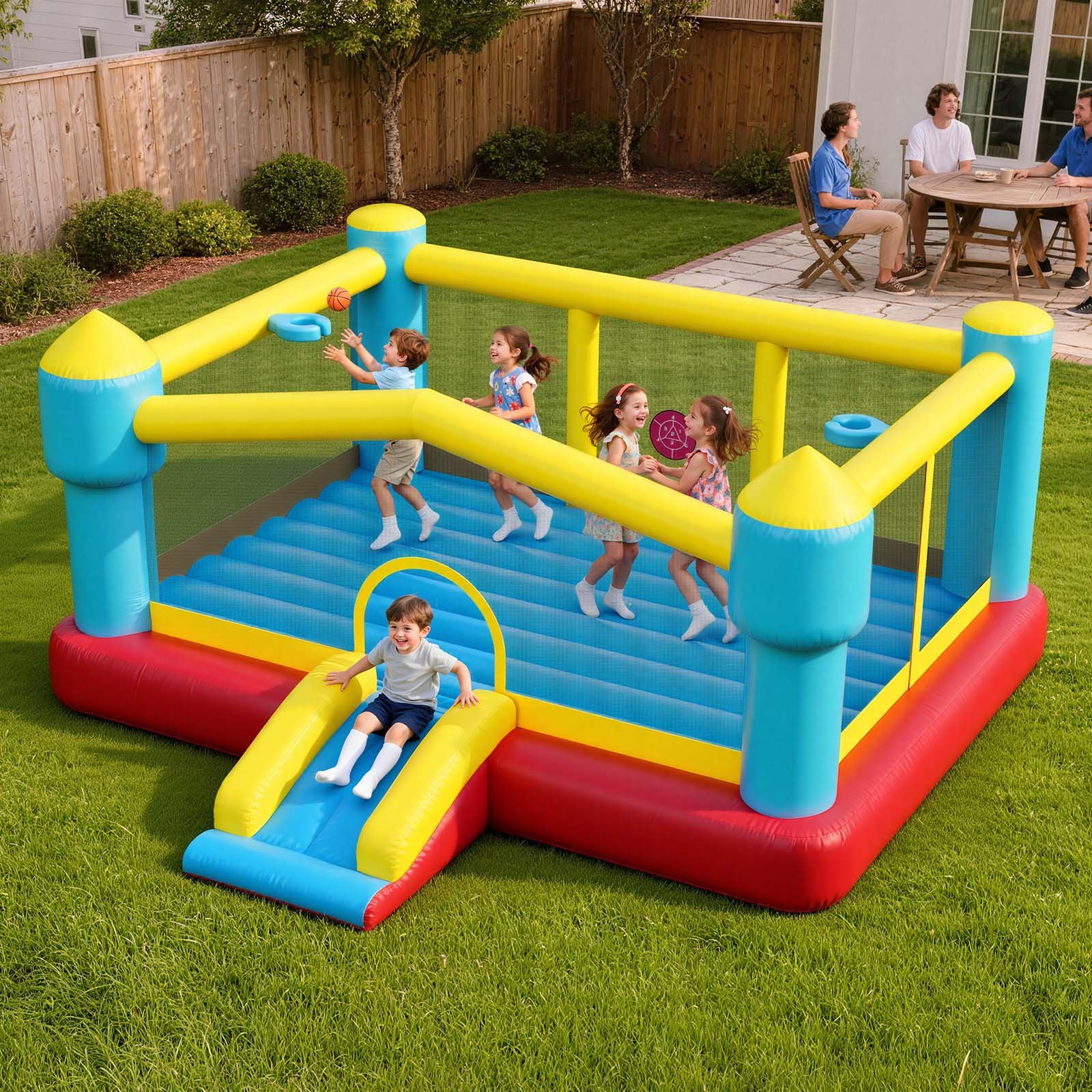 VEVOR Opblaasbaar springkasteel (448 x 420 x 207 cm) voor kinderen met glijbaan, basketbalring, doelspel en springgedeelte, geschikt voor 3-4 kinderen (3-8 jaar) voor binnen- en buitenfeestjes