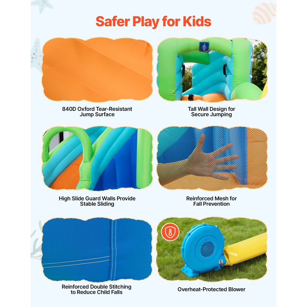 VEVOR Opblaasbaar Water Springkasteel (344 x 374 x 213 cm), Springkasteel met Waterglijbaan, Springkasteelelementen, Basketbalring, Zwembadje en Ringwerpspel, voor 3-4 kinderen (3 tot 8 jaar)