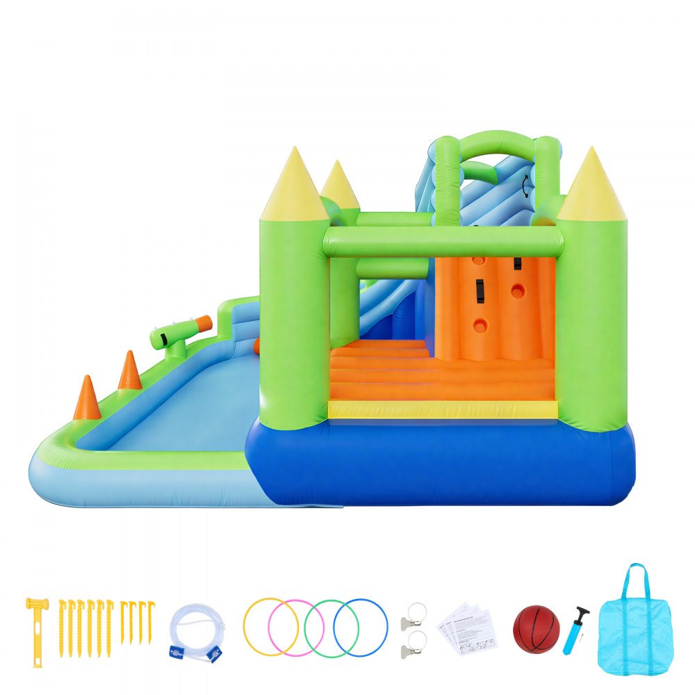 VEVOR Opblaasbaar Water Springkasteel (344 x 374 x 213 cm), Springkasteel met Waterglijbaan, Springkasteelelementen, Basketbalring, Zwembadje en Ringwerpspel, voor 3-4 kinderen (3 tot 8 jaar)