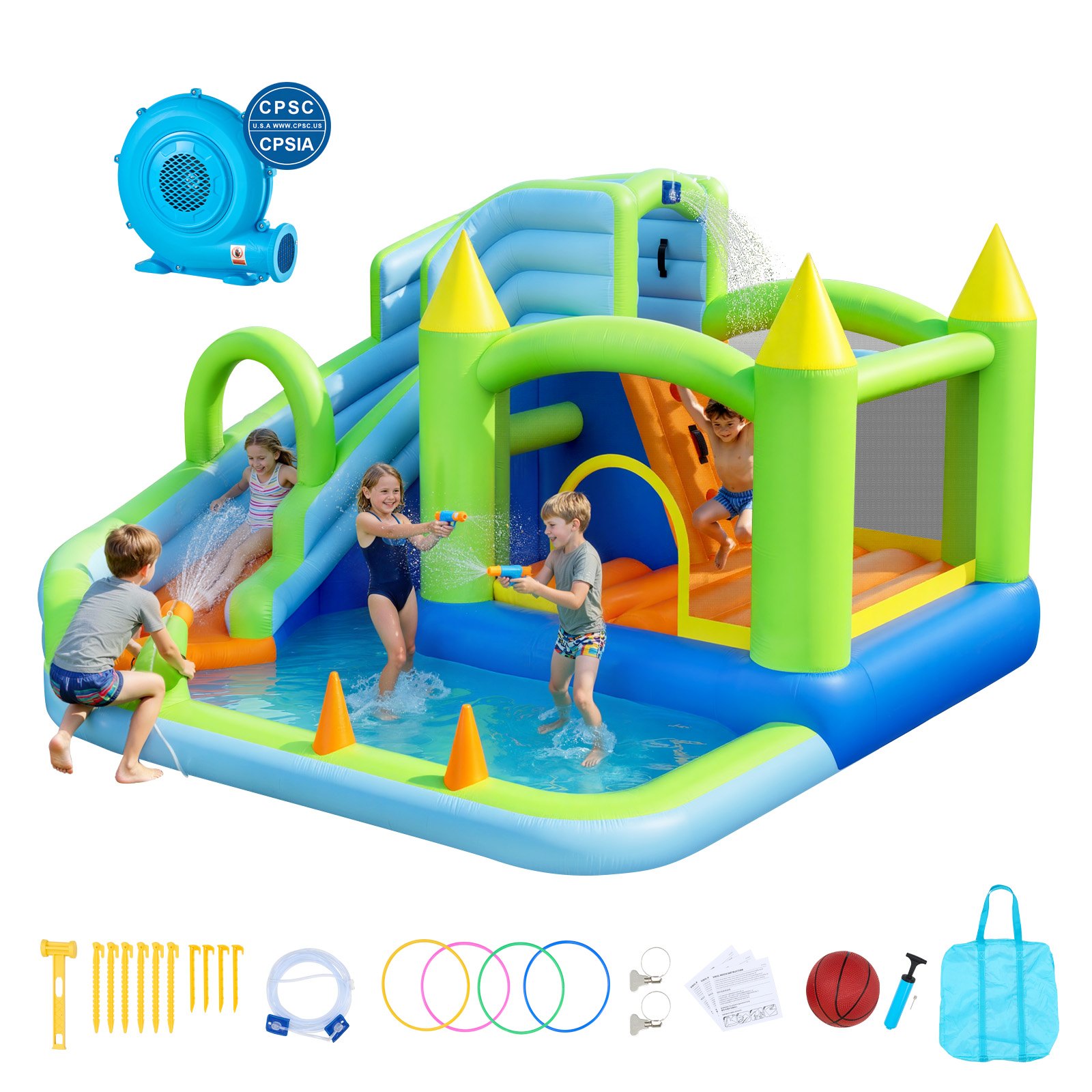VEVOR Opblaasbaar Water Springkasteel (344 x 374 x 213 cm), Springkasteel met Waterglijbaan, Springkasteelelementen, Basketbalring, Zwembadje en Ringwerpspel, voor 3-4 kinderen (3 tot 8 jaar)