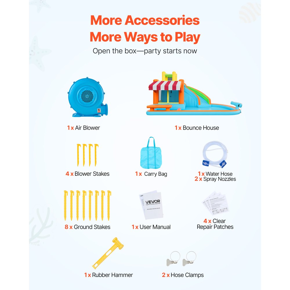 VEVOR Inflatable Bounce House, 14.9 x 12.8 x 7.8 ft Inflatable Bounce House Water Slide, Bouncer Castle with Castle Bounces, Tall Slide, Splash Pool & Pretend Market Booth, for 3 to 4 Kids Ages 3 to 8
