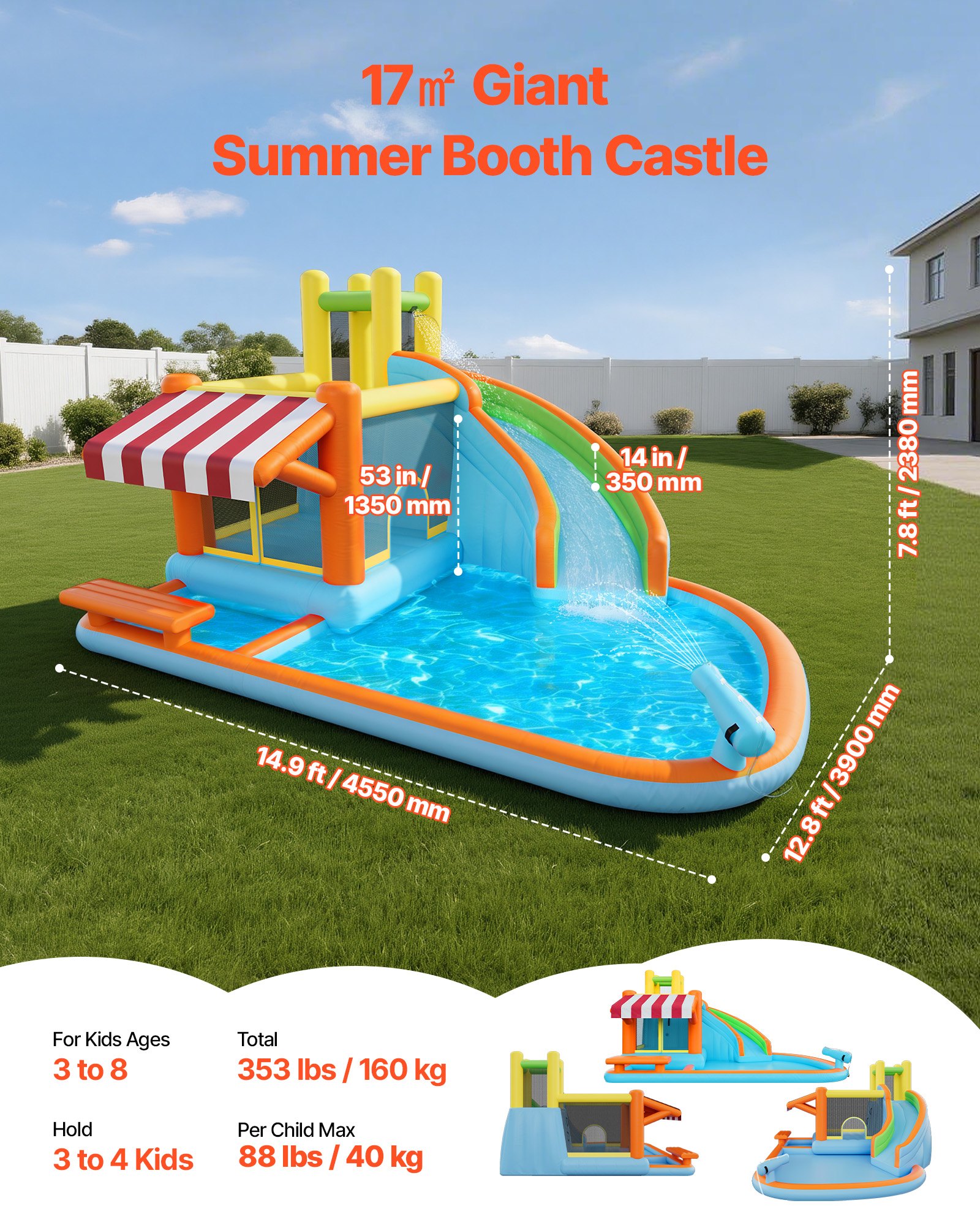 VEVOR Opblaasbaar Water Springkasteel voor Buiten (455 x 390 x 238 cm), Springkasteel met Waterglijbaan & Springkasteelelementen & Hoge Glijbaan & Zwembad & Speelmarktkraam, voor 3-4 Kinderen (3 tot 8 jaar)