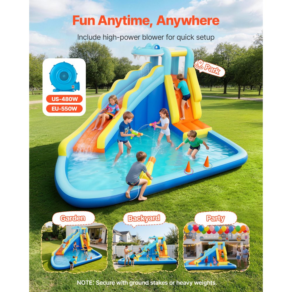 VEVOR Opblaasbaar Water Springkasteel voor Buiten (353 x 400 x 235 cm), Springkasteel met Waterglijbaan (Krokodillendesign) & Klimwand & Zwembadje & Ringwerpspel, voor 3-4 Kinderen (3 tot 8 jaar)