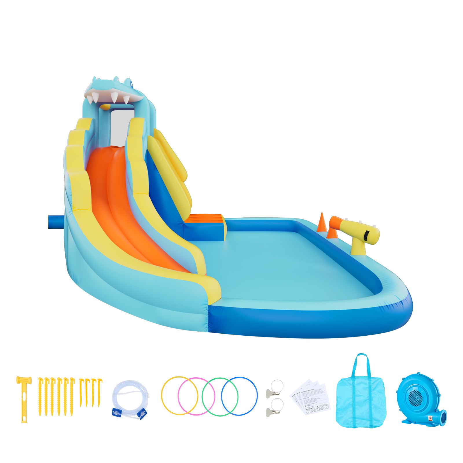 VEVOR Opblaasbaar Water Springkasteel voor Buiten (353 x 400 x 235 cm), Springkasteel met Waterglijbaan (Krokodillendesign) & Klimwand & Zwembadje & Ringwerpspel, voor 3-4 Kinderen (3 tot 8 jaar)