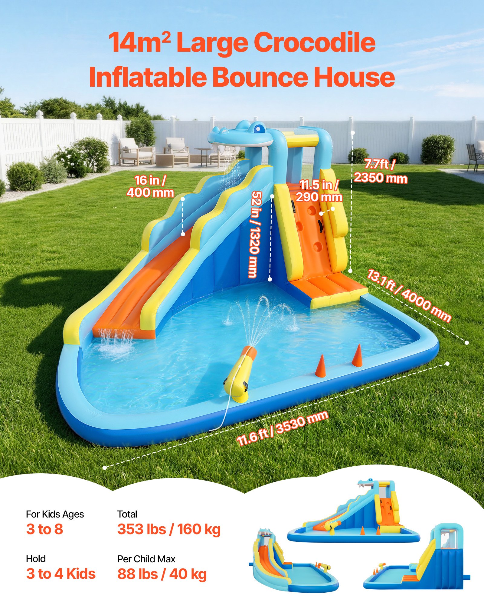 VEVOR Inflatable Bounce House, 11.6 x 13.1 x 7.7 ft Inflatable Bounce House Water Slide, Bouncer Castle with Bounces Zone, Climbing Wall, Splash Pool & Water Ring Toss, for 3 to 4 Kids Ages 3 to 8