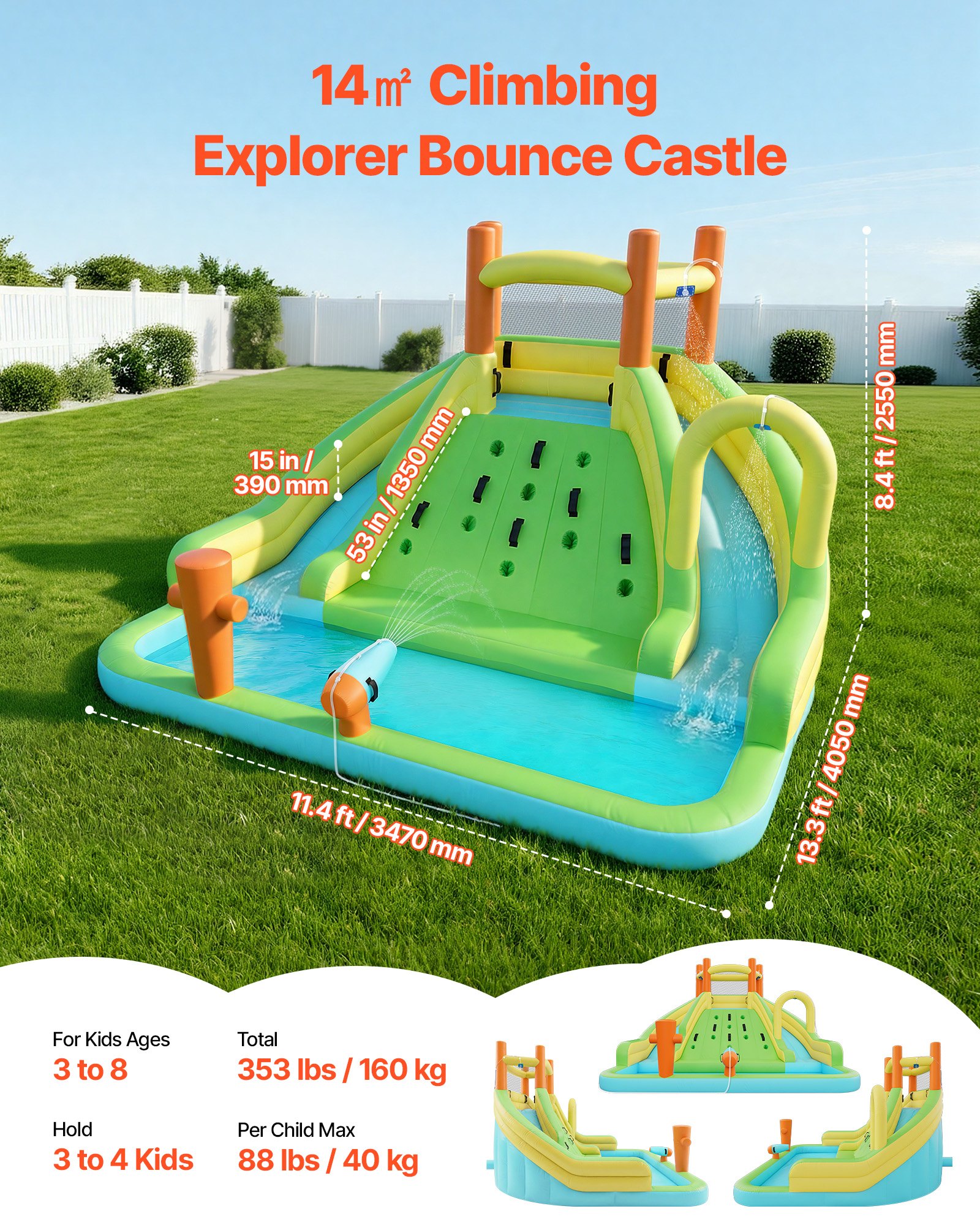 VEVOR Opblaasbaar Water Springkasteel (405 x 347 x 255 cm), Springkasteel met Klimwand & Springkasteelelementen & 2 Hoge Waterglijbanen & Kinderbad & Mini Voetbalveld, voor 3-4 Kinderen (3 tot 8 jaar)