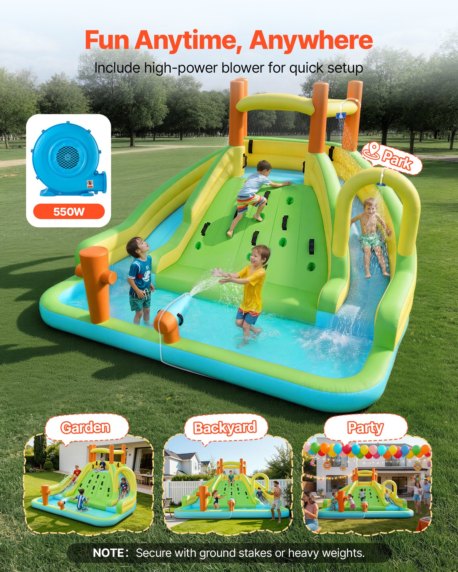 VEVOR Opblaasbaar Water Springkasteel (405 x 347 x 255 cm), Springkasteel met Klimwand & Springkasteelelementen & 2 Hoge Waterglijbanen & Kinderbad & Mini Voetbalveld, voor 3-4 Kinderen (3 tot 8 jaar)