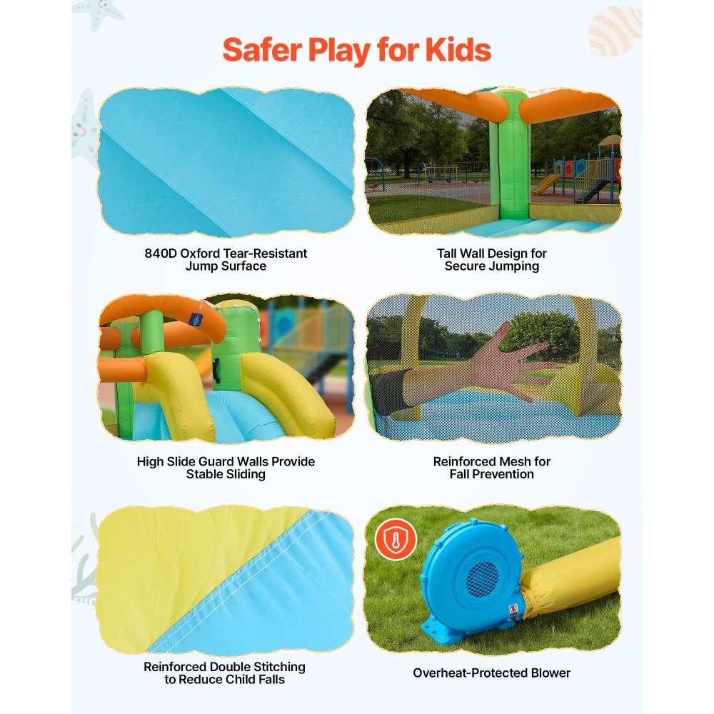 VEVOR Opblaasbaar Water Springkasteel (382 x 398 x 197 cm), Springkasteel met Waterglijbaan, Springkasteelelementen, Basketbalring, Zwembadje en Ringwerpspel, voor 3-4 kinderen (3 tot 8 jaar)