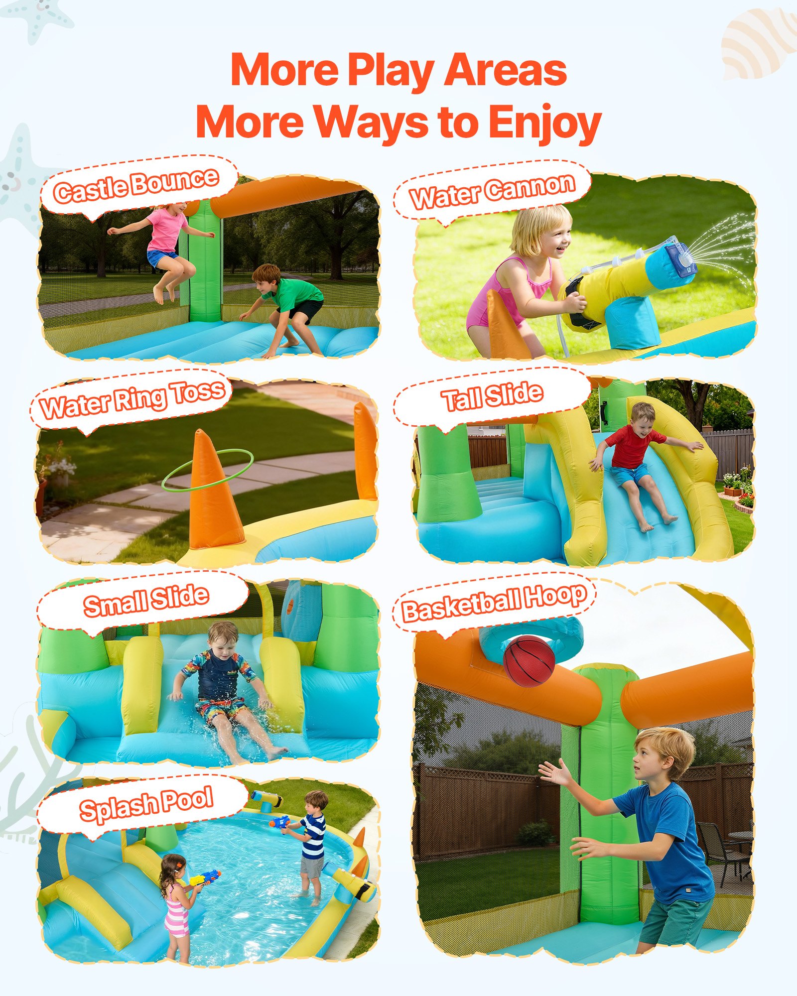 VEVOR Opblaasbaar Water Springkasteel (382 x 398 x 197 cm), Springkasteel met Waterglijbaan, Springkasteelelementen, Basketbalring, Zwembadje en Ringwerpspel, voor 3-4 kinderen (3 tot 8 jaar)