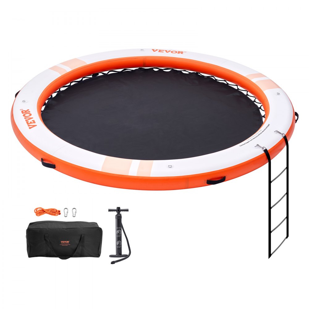 VEVOR inflatable floating dock with ladder, pump, bag, rope, and carabiners on a white background.