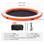 VEVOR inflatable floating dock with orange trampoline mesh, pump, ladder, bag, rope, and clips.