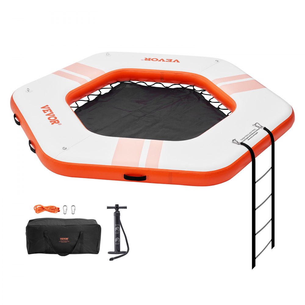 orange and white VEVOR inflatable floating dock with black mesh center, ladder, pump, rope, and bag.