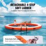 VEVOR inflatable floating dock with detachable ladder, people relaxing, and sailboats in the background.