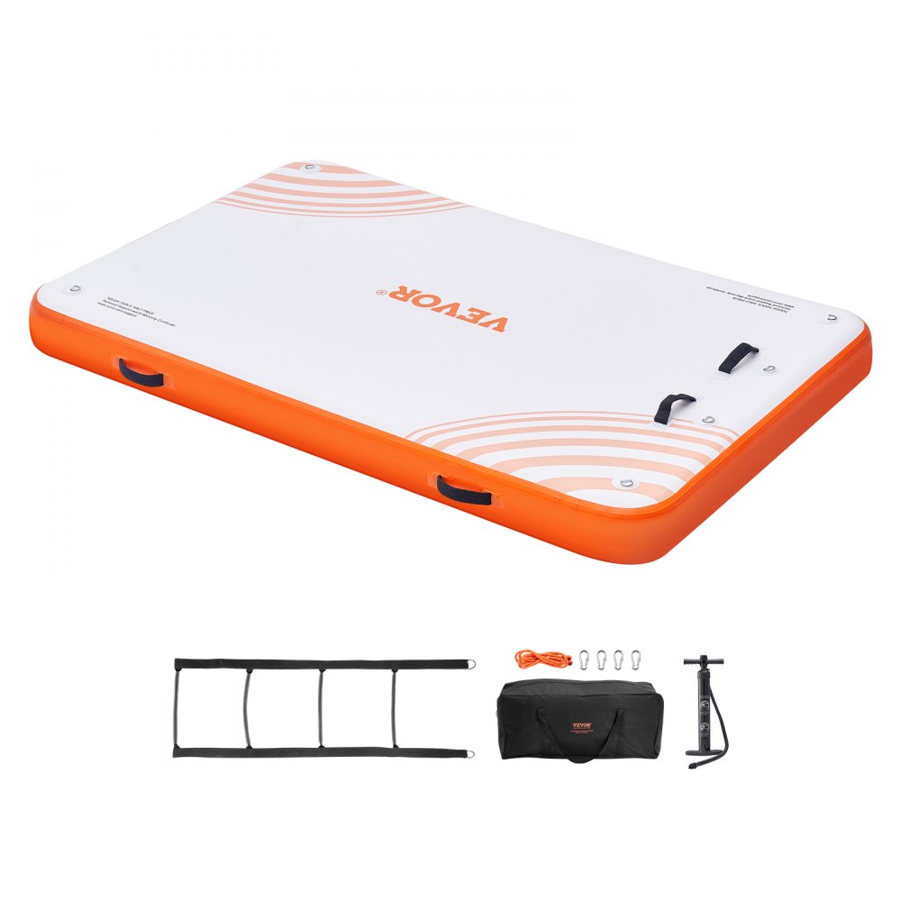 VEVOR inflatable floating dock with orange accents, ladder, pump, bag, rope, and pegs.